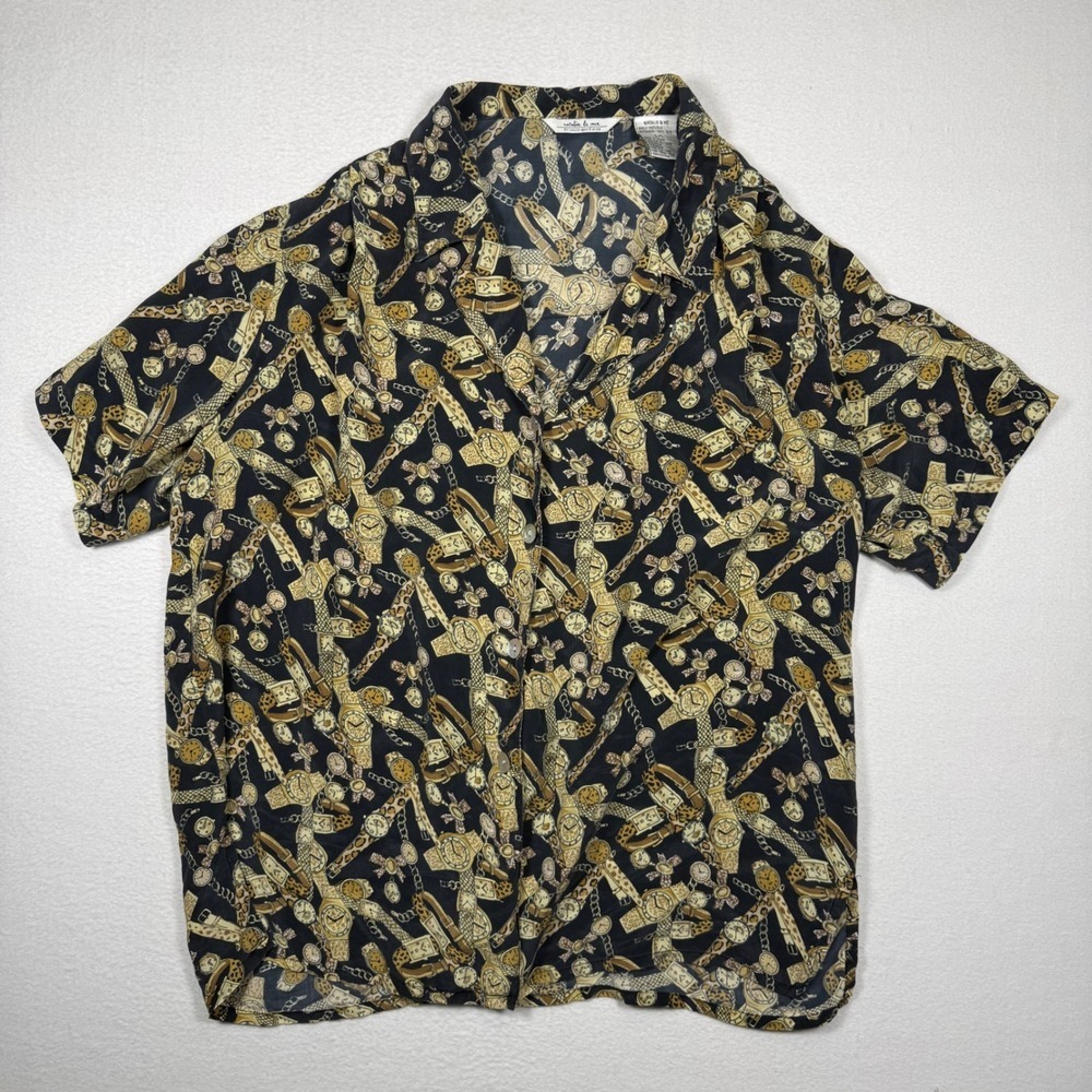 Natalie & Me Vintage 100% Silk Watch leopard Print Button Shirt Large Black 90s
